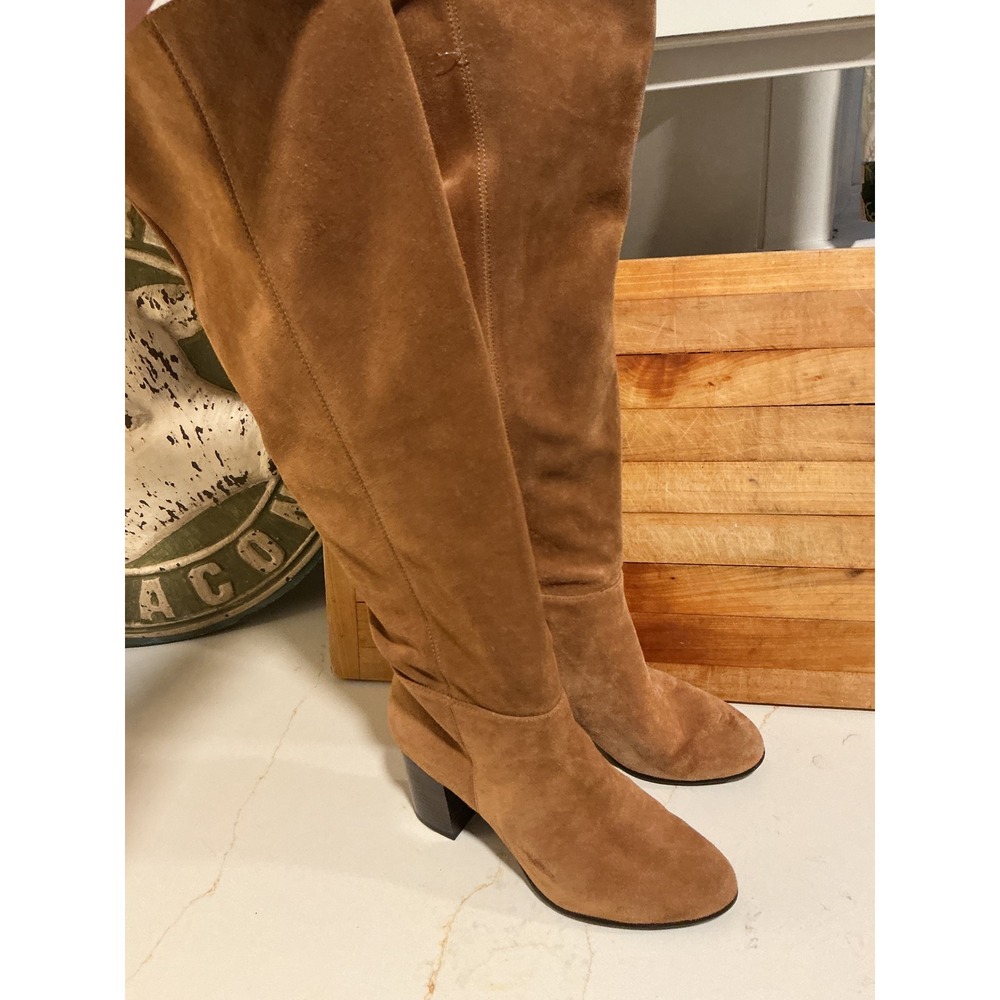 Sam Edelman Tan Suede Over The Knee Block Heel Boots Tall Brown Round Toe